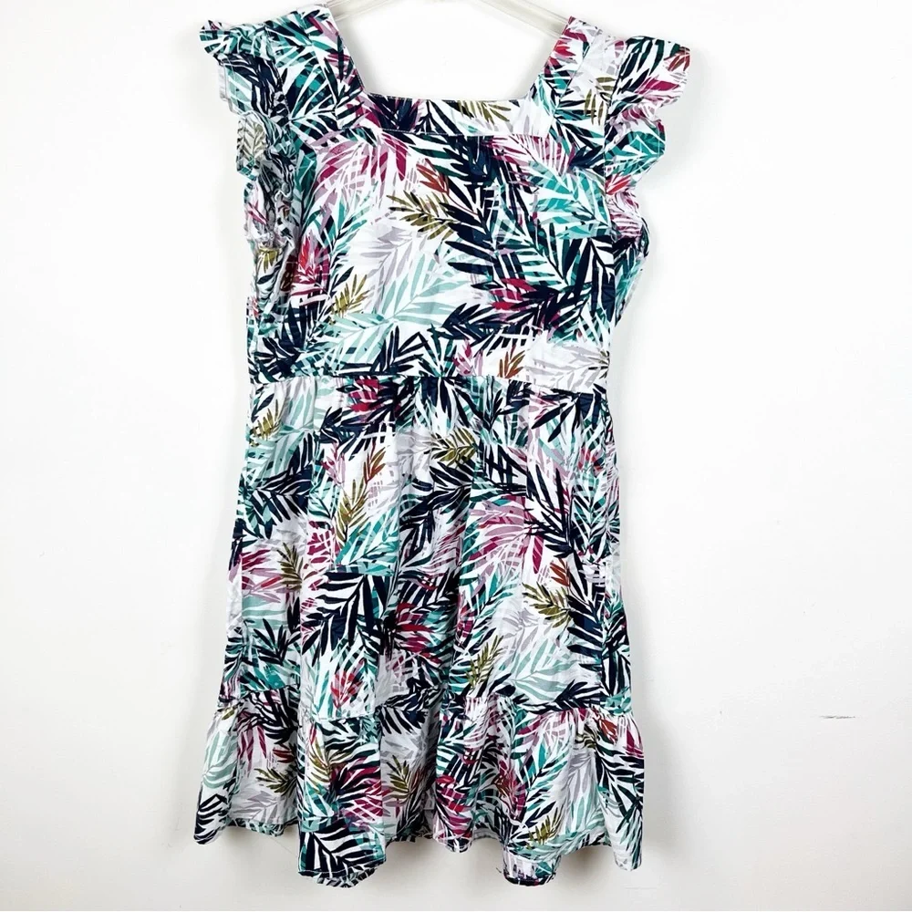 Beach Lunch Lounge Linen Tropical Palm Print Dress Cotton Medium Vacation Cruise - Picture 9 of 11